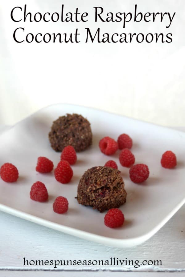 Chocolate Raspberry Coconut Macaroons on a plate with fresh raspberries