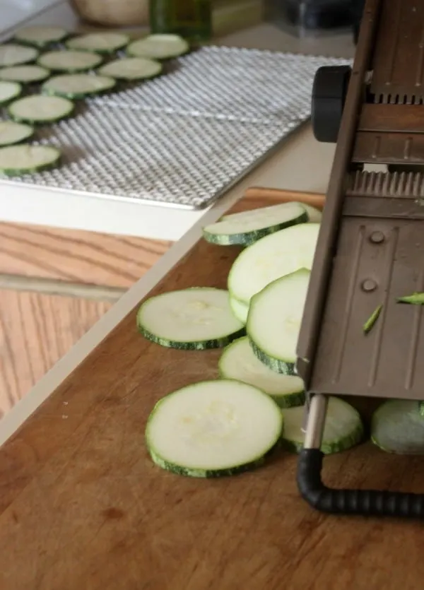Preserving zucchini slices on a dehydrator tray.
