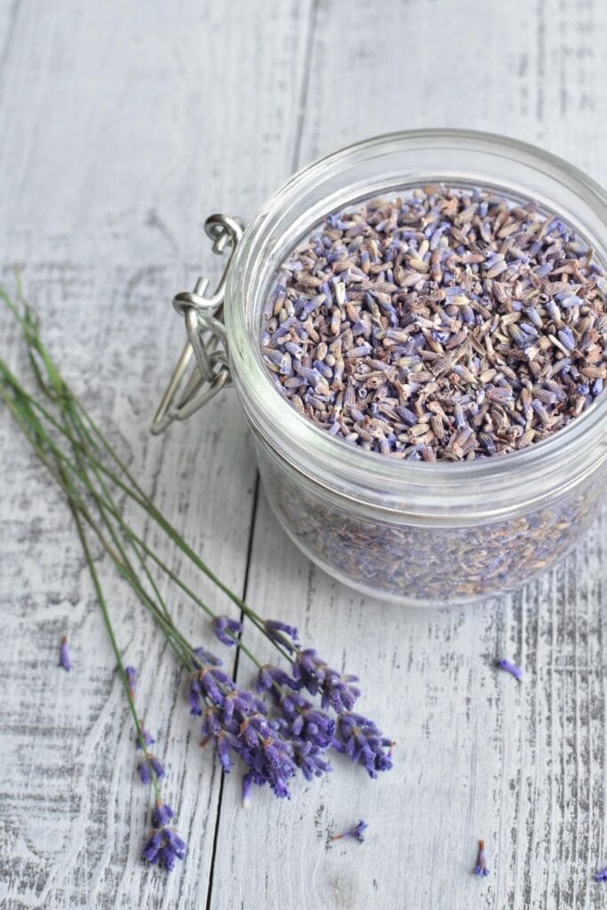 An open jar of lavender buds sits on a table next to fresh stems of lavender. 