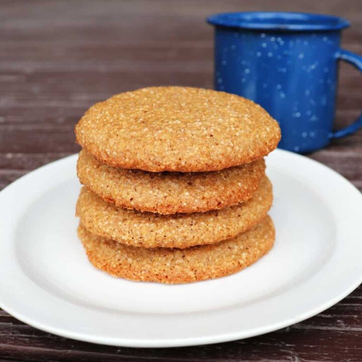 A stack of 4 spice drop cookies on a white plate with a blue tin cup in the background.