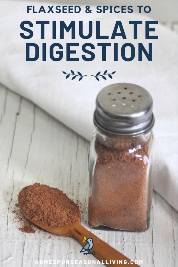 A wooden spoon full of ground flaxseed and spices sitting next to a salt shaker full of the same mixture with text overlay stating: flaxseed & spices to stimulate digestion.