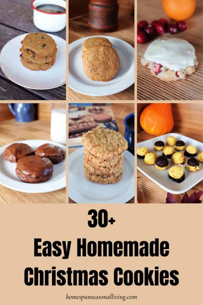 A grid of 6 images of different cookies sits on top of a text overlay reading 30+ Easy Homemade Christmas Cookies.