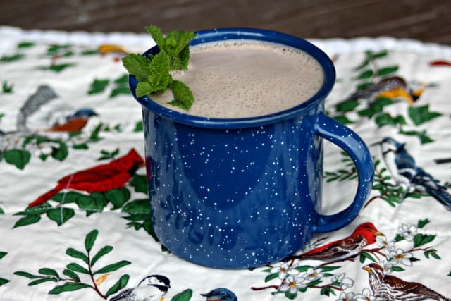 Blue tin cup full of hot chocolate on a placemat.