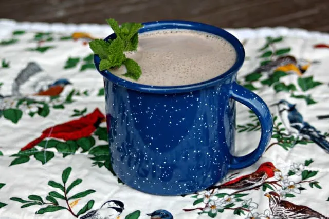 A blue tin cup full of hot chocolate decorated with fresh sprigs of mint sitting on a floral and bird covered placemat 