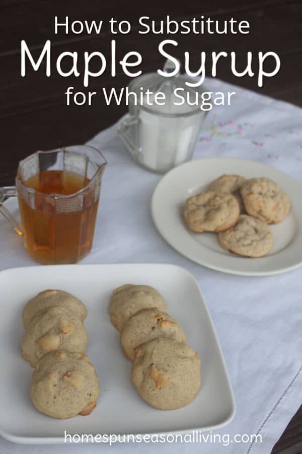 Cookies on plates with maple syrup and sugar in pitchers.