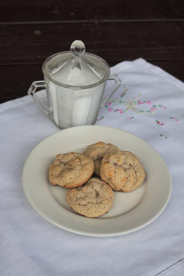 Dried apple cookies on a plate with container of sugar.