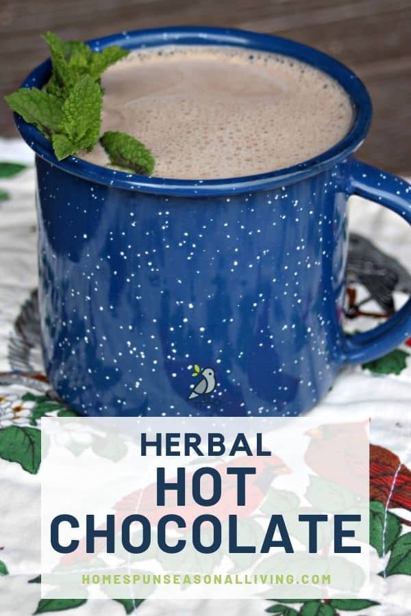 A blue tin cup full of hot chocolate decorated with fresh sprigs of mint sitting on a floral and bird covered placemat with text overlay stating herbal hot chocolate.