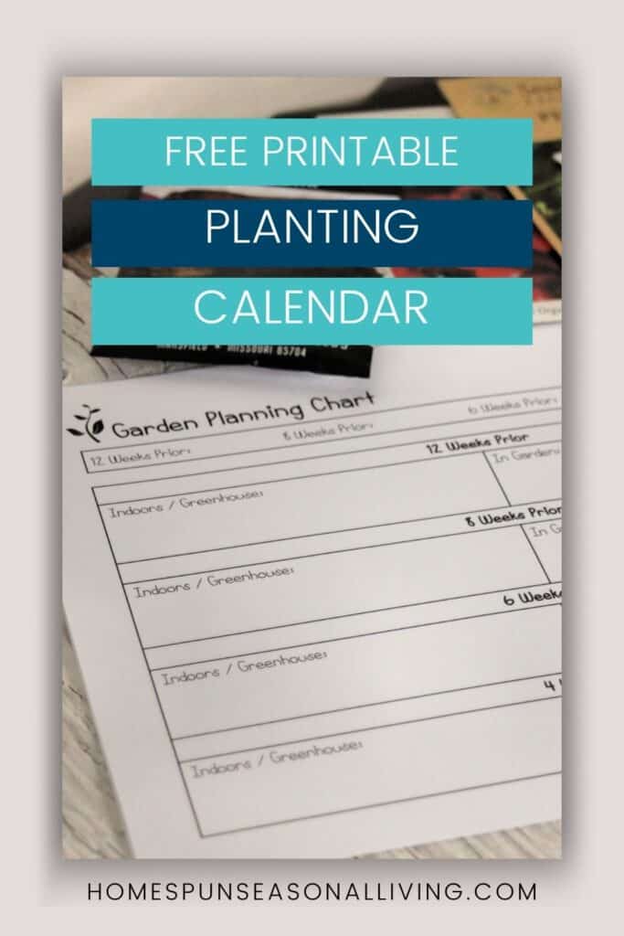 A photo of a garden planting guide surrounded by seed packets with text overlay stating: free printable planting calendar..