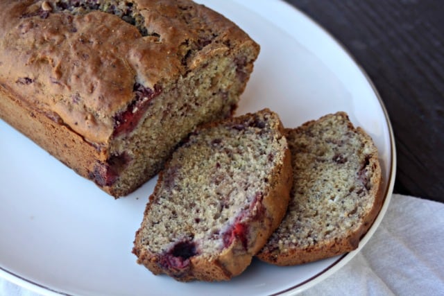 Sliced Strawberry Poppy Seed Bread on a platter.