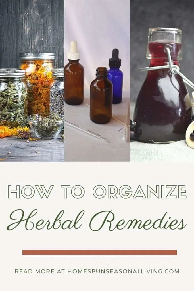 A photo of herbs in glass jars, sitting next to a photo of amber bottles on a white table, sitting next to a bottle full of elderberry syrup, stacked on top of text overlay reading how to organize herbal remedies.