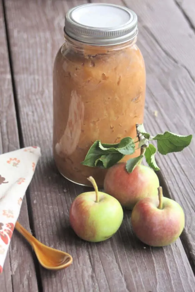A glass jar of applesauce sitting on a table with fresh apples sitting in front of the jar.