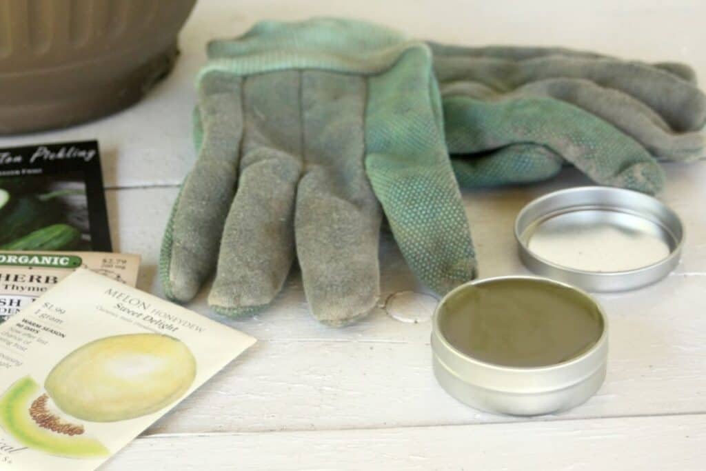 An open metal tin of green salve inside sitting next to packets of seeds and garden gloves.