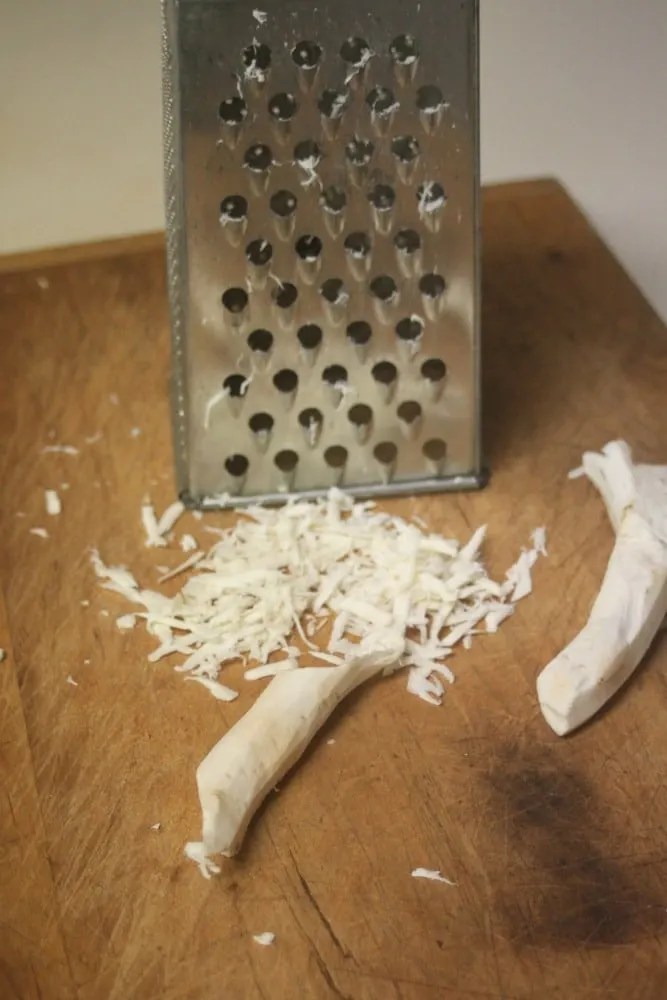 Grated horseradish root sitting on wooden cutting board next to box grater and pieces of whole root.