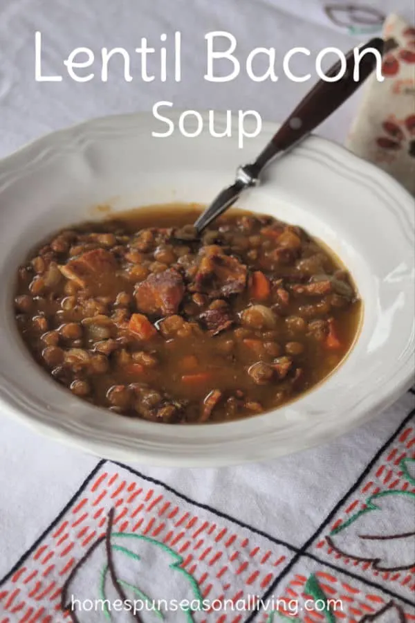 A bowl of lentil bacon soup with a spoon siting on a tablecloth.