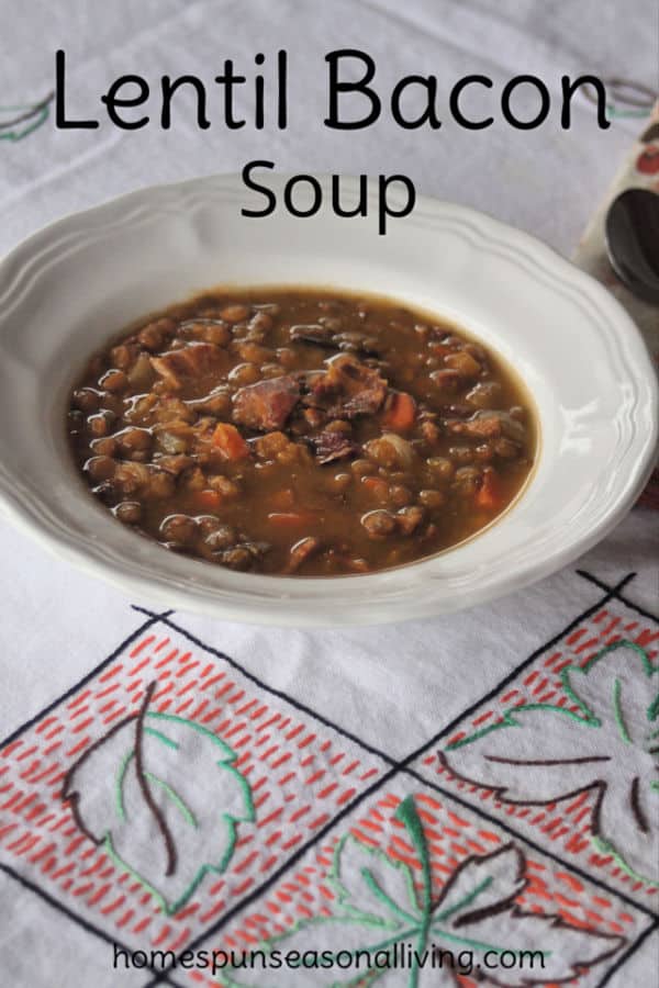 A bowl of lentil bacon soup on a tablecloth.