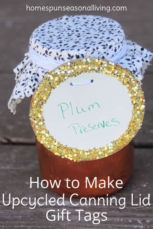 A jar of preserves decorated with an upcycled canning lid gift tag.