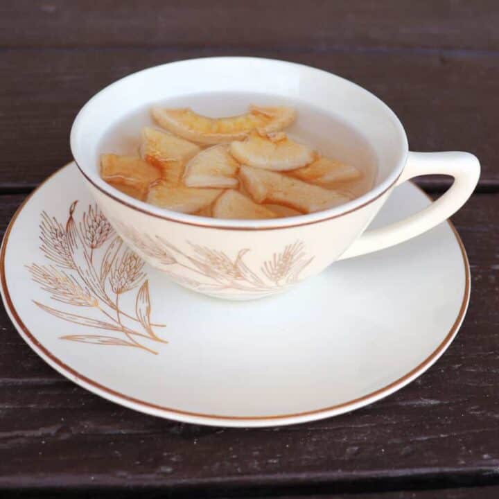 A teacup sits on a saucer. Inside the teacup dried apple slices float in hot water.