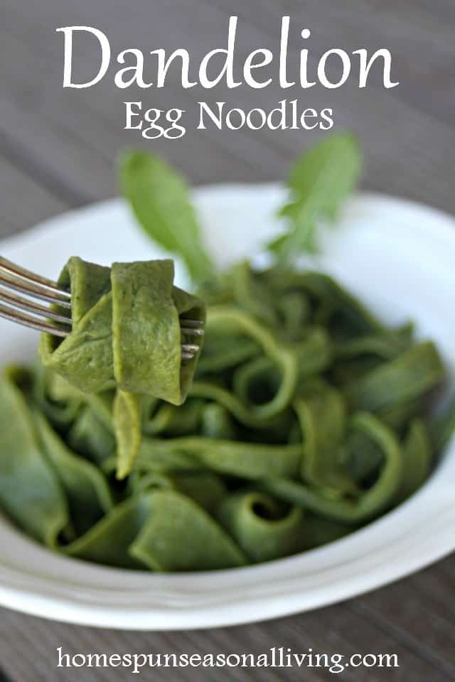 A green egg noodle wrapped around a fork with a bowl full of noodles in the background with text overlay stating dandelion egg noodles.