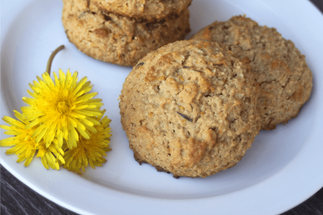 Dandelion peanut butter cookies on a white plate with fresh dandelion blossoms as a garnish.