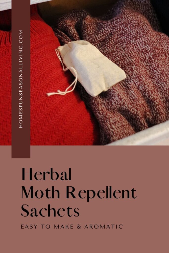A small cloth bag sits on top of red sweaters in an open draw. Text overlay reads: Herbal Moth Repellent Sachets : Easy to Make & Aromatic.