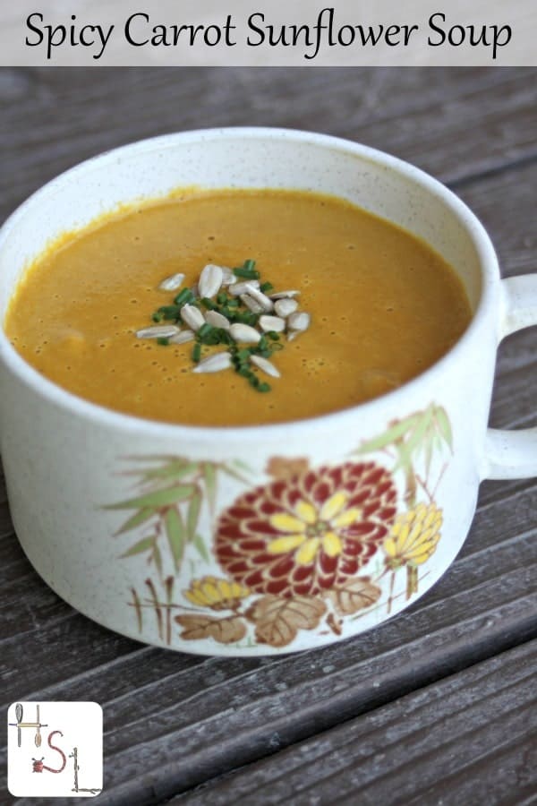 Easy and delicious this spicy carrot sunflower soup whips up in a hurry and packs delightfully in a travel bottle for lunches and road trips.