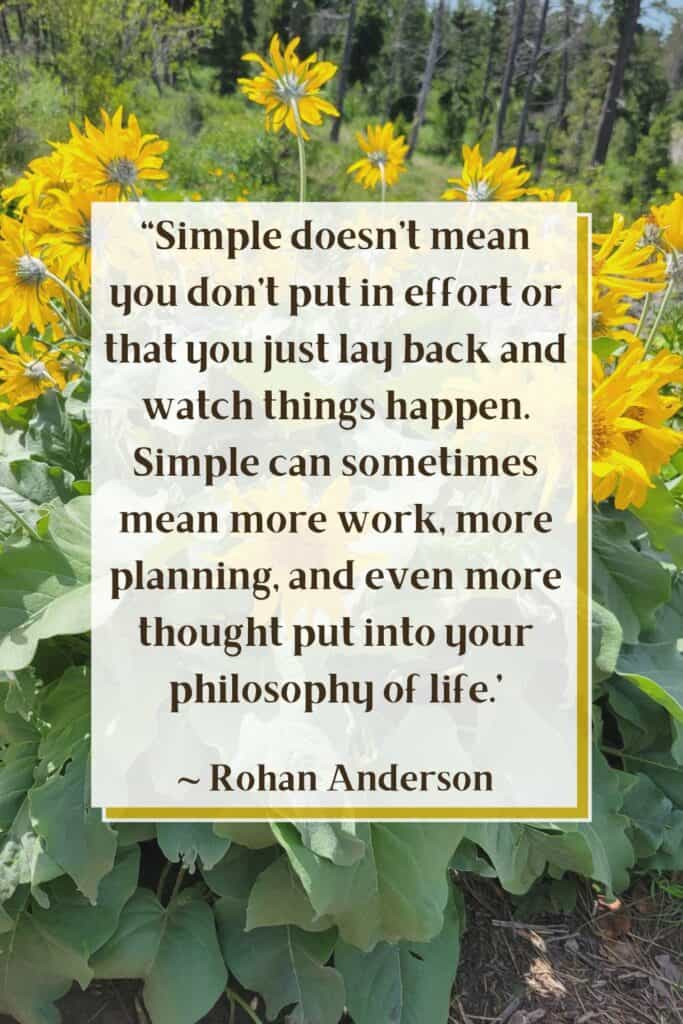 A text overlay box with the quote “Simple doesn’t mean you don’t put in effort or that you just lay back and watch things happen. Simple can sometimes mean more work, more planning, and even more thought put into your philosophy of life.” ~ Rohan Anderson sits on top of an image of yellow wildflowers blooming and growing in the woods.