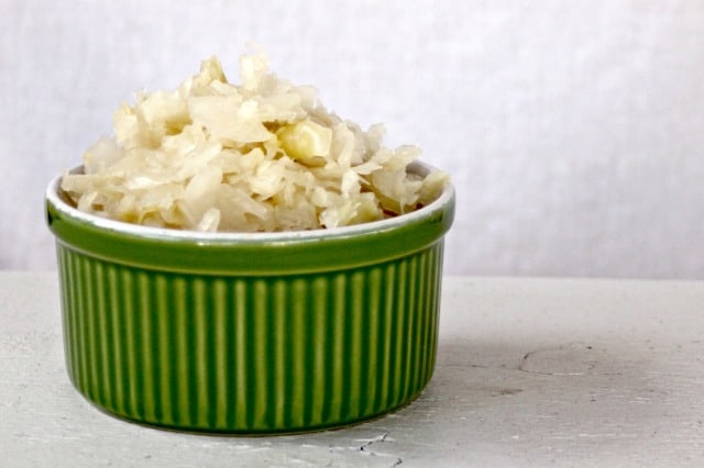 Sauerkraut in a green bowl.