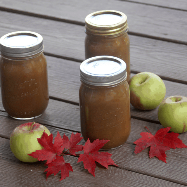 3 jars of maple apple butter on wooden boards with fresh apples and red maple leaves.