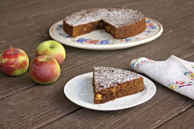 A slice of apple molasses cake dusted with powdered sugar.