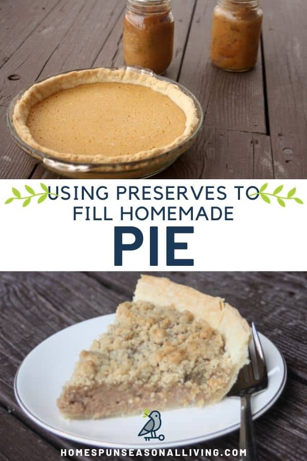 Stacked photos of applesauce pie on top and a slice of apple butter pie on the bottom with text overlay between them. 