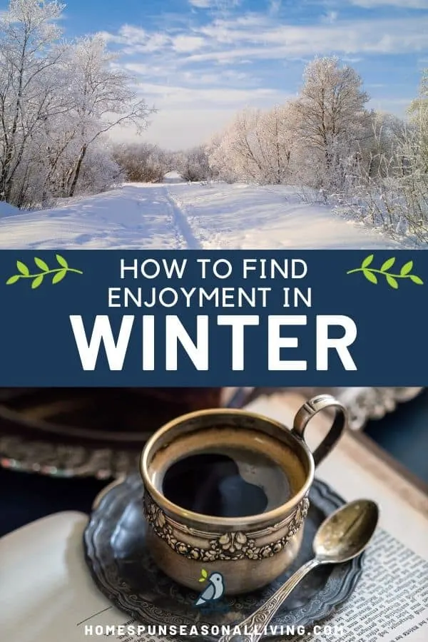 A collage of stacked photos with a snowy winter scene on top and cup of coffee on the bottom with text overlay in the middle.