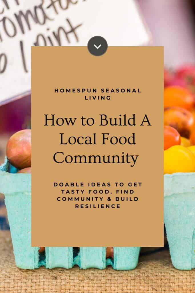 Blue cardboard containers of cherry tomatoes are lined up on a burlap cloth. A text overlay reads: How to Build Local Food Community: Doable ideas to get tasty food, find community, and build resilience.