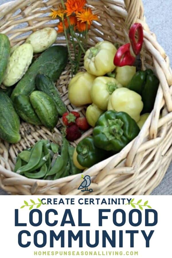 A basket of peppers, cucumbers, beans, and flowers with text overlay.