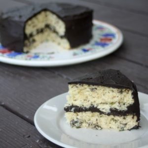 A slice of fresh mint cake with dark chocolate frosting plated.
