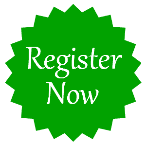 A green circle with pointed edges with white text inside reading register now.
