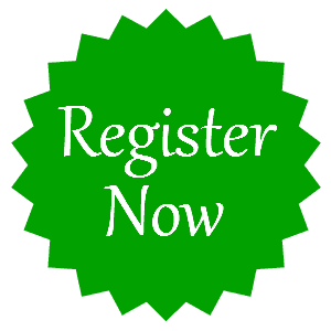 A green circle with pointed edges with white text inside reading register now.