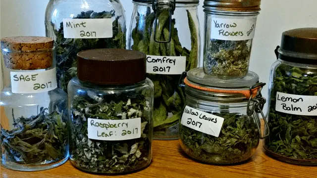 Labeled jars of dried herbs stacked and sitting on a table.