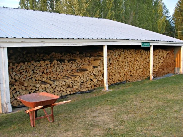 Fire wood stacked in a large shed.