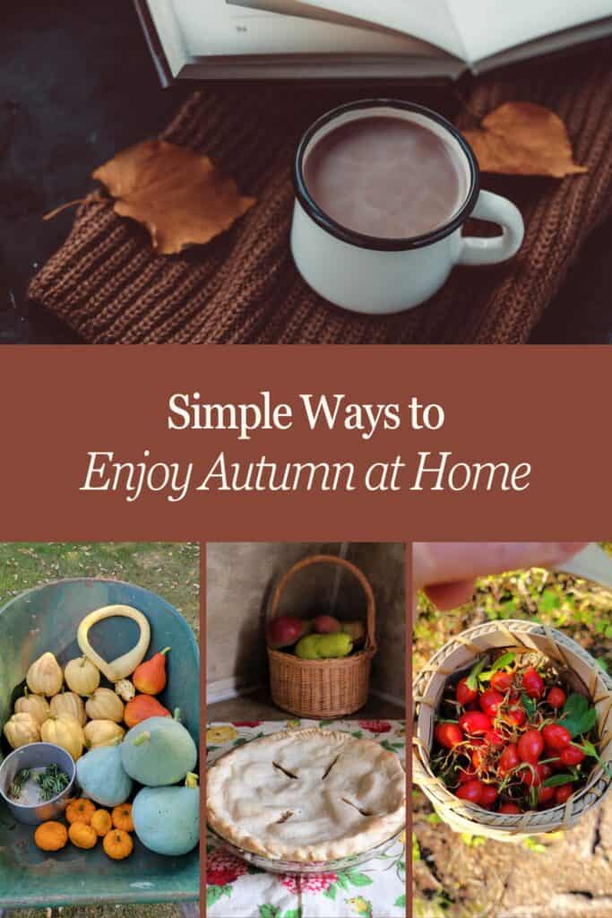 3:42 PMClaude responded: A collage of four autumn images including a warm drink in an enamel mug with fall leaves, a wheelbarrow full of harvested winter squash, a homemade pie with a …A collage of four autumn images including a warm drink in an enamel mug with fall leaves, a wheelbarrow full of harvested winter squash, a homemade pie with a basket of apples, and a basket of freshly gathered rose hips, with text overlay reading Simple Ways to Enjoy Autumn at Home.