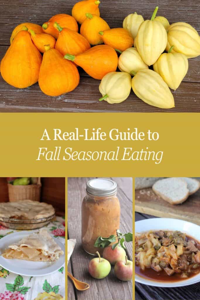 A collage of images: on top is a collection of winter squashes in different colors. In the middle is a text overlay box stating: A real-life guide to fall seasonal eating. The bottom is 3 images: a slice of pie on  plate, a jar of applesauce with fresh apples, a bowl of soup. 