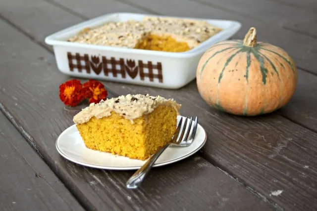 All of the flavor of a coffee house specialty in cake form. This pumpkin cake with cinnamon coffee frosting is a quick and easy dessert sure to please.