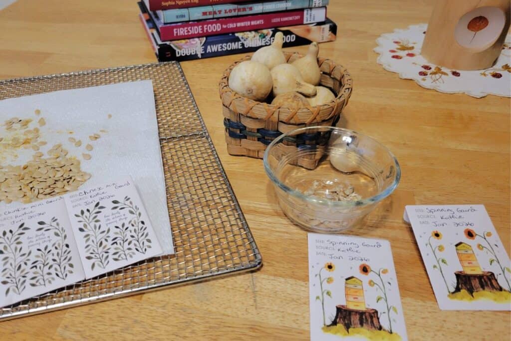A variety of seeds in bowls and on trays alongside paper packets that have been labeled with the seeds inside sit on a table.