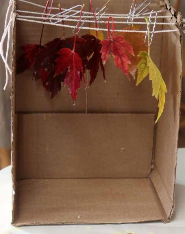 A cardboard box cut open with strings attached across the top and leaves dripping wax hung from them.