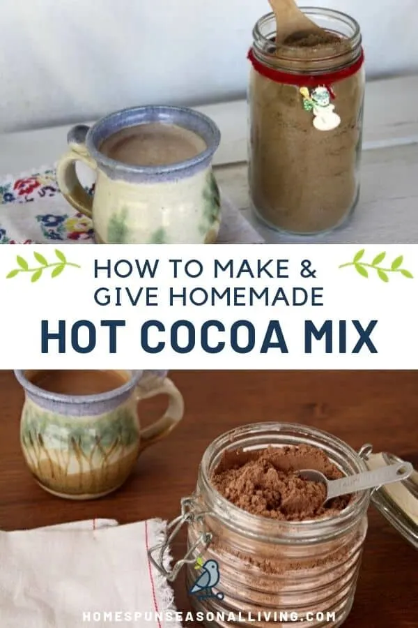 A collage of homemade hot cocoa mix in jars photos with text overlay.