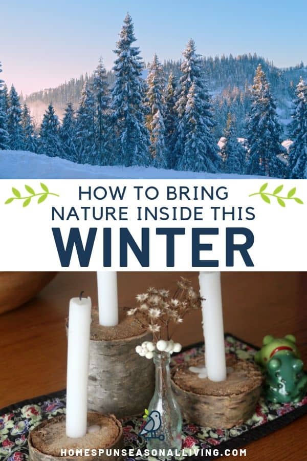 A collage of photos with snow covered pine trees and table centerpiece of log candle holders with text overlay.