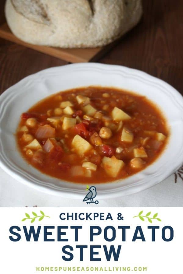 Chickpea and sweet potato stew in a bowl with text overlay.