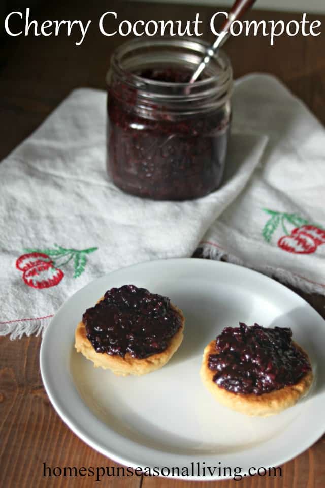 Cherry coconut compote on cookies with jar. 