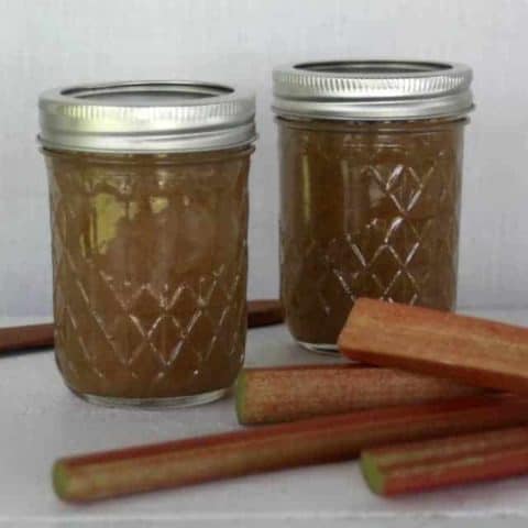 Rhubarb hard cider jam in jars with stalks of fresh rhubarb.