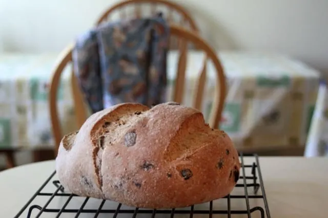 Handmade bread on cooling rack.