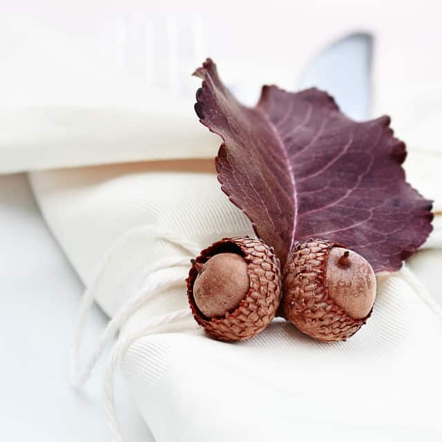 2 acorns and a red leaf sitting on top of a white napkin tied with string.